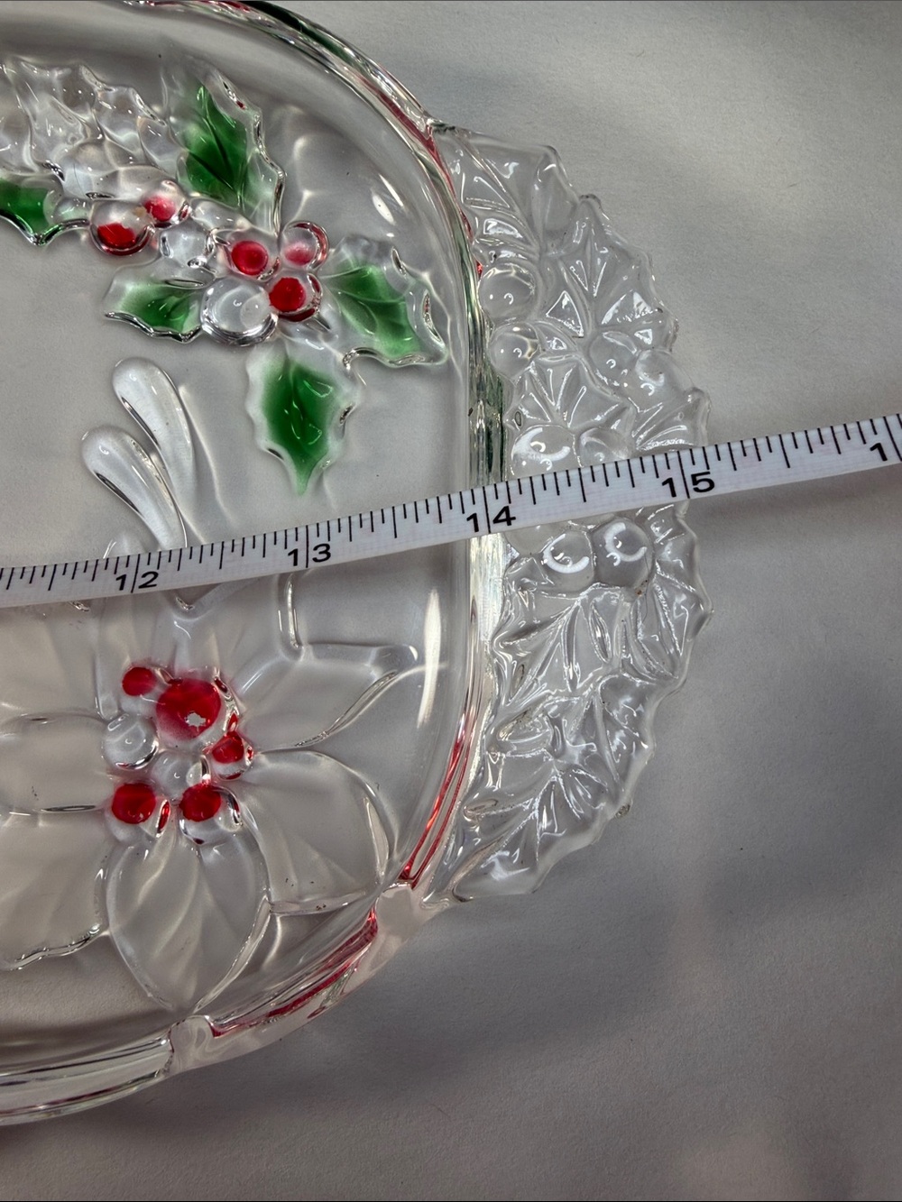 Clear Poinsettia Glass Serving Tray with Red and Green Accents - Picture 4 of 7